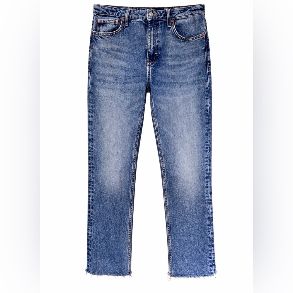 Topshop Straight Leg Jeans W28 L32 US 6 Medium Wash Raw Hem